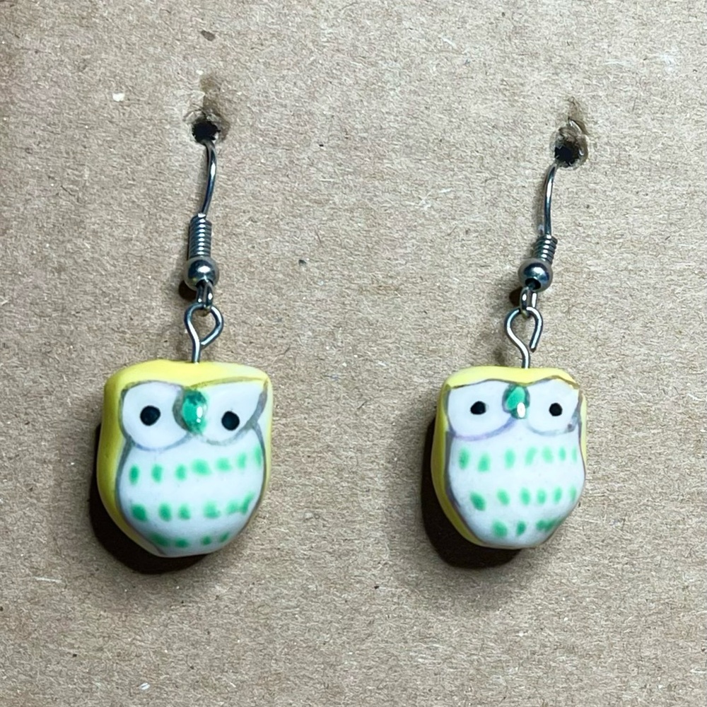 Vintage Owl Hand Painted Porcelain Dangle Earrings Yellow White Green Silver